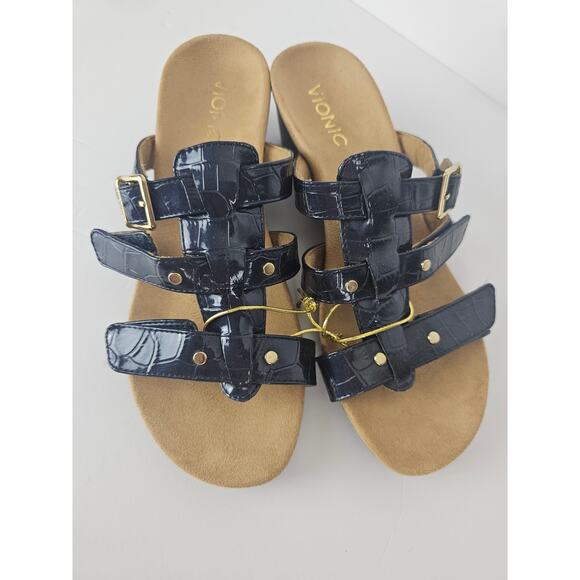 Vionic Radia Sandals Womens Size 7 Blue Croc Patent Leather Wedge Comfort - Picture 5 of 9